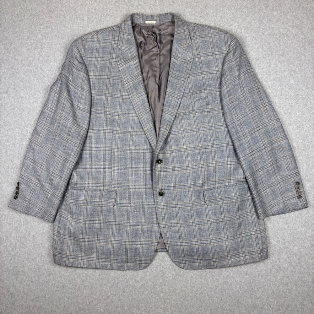 Joseph Abboud E. Thomas Blazer 52R Men's Wool Silk Linen Plaid Blue Grey